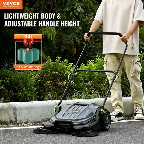 【Gift 3waste bags】VEVOR Walk-behind Hand Push Floor Sweeper, 25.6" Sweeping Width Floor Sweeper Manual Non-Electric, 5-Gallon Waste Container, Angle & Height Adjustable Folding Handle for Walkway, Yard, Garage, Patio  VEVOR Super Brand Day