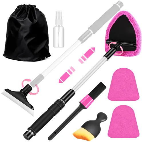 【TikTokShopBackToSchool】Windshield Cleaner Tool - Car Detailing Products with Extendable Handle, 3 Reusable Microfiber Pads, Auto Glass Wiper, Detailing Brush, Windshield Spray, Pink for Car & Home Windows (Mother’s Day, Birthdays Gifts), Reusable Pads to