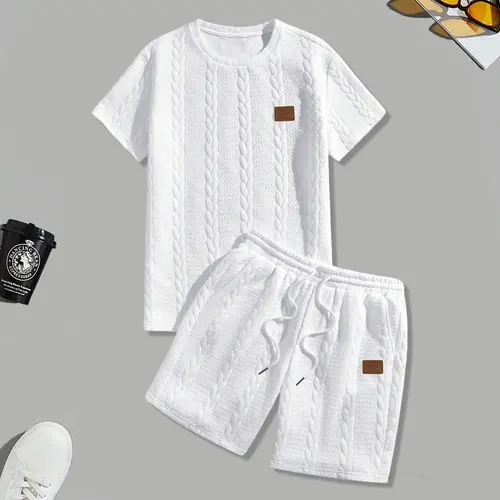 Men's 2-Piece Fitted Short-Sleeve Jacquard Menswear Set - Men’s Shorts & Plain Top Outfits for Casual Wear, Vacation, Clothes, Mens Clothing, Matching Set, Men's 2 Piece Sets