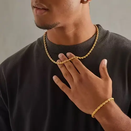 New Luxury 18K Gold-Plated European Classic Twist Necklace & Bracelet Set for Men Women Ideal Bridal Engagement Jewelry Elegant Design Versatile Gift, Jewelry Sets, Gold Jewelry, Unisex