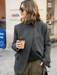 Women's Asymmetric Blazer, New Arrivals Demi-Season Jacket, Business Casual Formal Commuter Workwear Fitted Long Sleeve Stand Collar Outerwear, Elegant Womenswear, Women's Jackets, Drak Gray