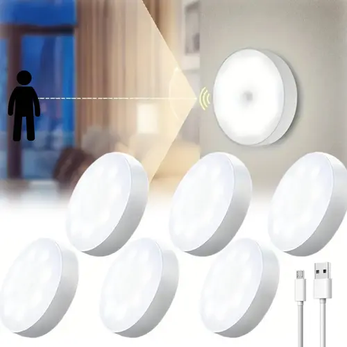 6-Pack Rechargeable Under Cabinet LED Puck Lights with Wireless Motion Sensor Dimmable Magnetic Design 3000K Warm White USB Kitchen Home Organizer Light
