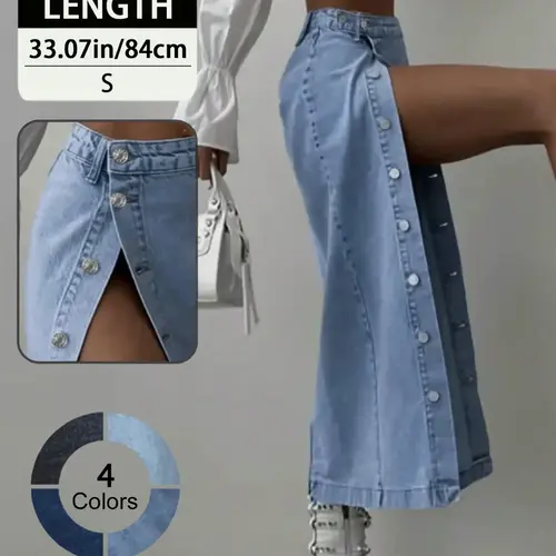 Women's Elegant Slim-Fit Split-Hem High-Waist Denim Midi Skirt with Single-Button Detail, Stylish and Comfortable High Slit Fitted Jean Skirt, Womenswear, Elegant Chic Skirt, Button Front Skirt