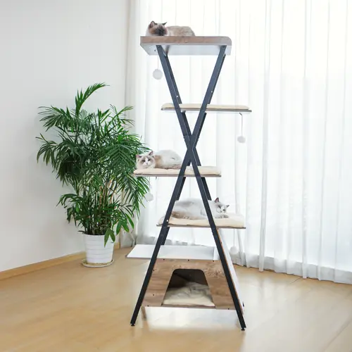 ZZWHOM 73" Modern Wooden Cat Tower - Multi-Level Indoor Cat Furniture with Metal Frame, Scratching Posts, Caves, Large Perch, Removable Pads, Anti-Slip Base, Easy Maintenance & High Stability for Cozy Use