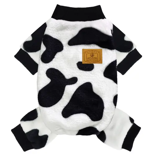 XPUDAC Playful Cow Style Dog Sweater - Black and White Velvet Fabric, Soft Fleece Pajama Design, Universal Extra Warm Layer for Small-Medium Dogs, Winter Pet Clothing for Cozy Nights & Outdoor Use Festive Christmas Halloween Gift