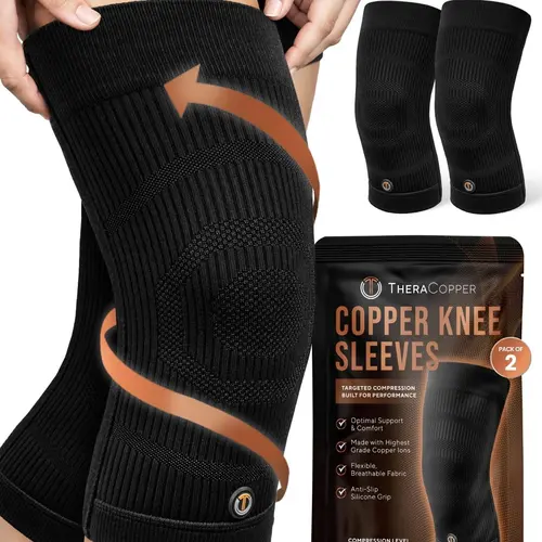 TheraCopper Copper Knee Brace for Men & Women (2 Pack) Non-Slip Compression Copper Knee Sleeve for Arthritis, Knees Pain Relief, Swelling, Anti inflammatory and Recovery Support