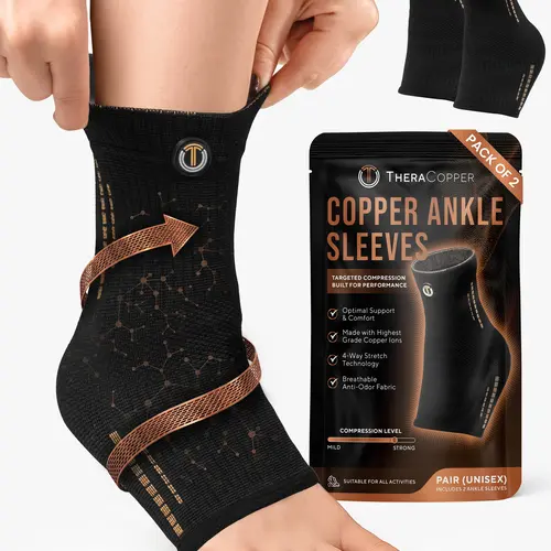 TheraCopper Copper Ankle Brace Sleeves (2 Pack) — Compression Ankles Brace for Men & Women — Infused Copper Ankle Sleeve Compression Support for Pain Relief, Swelling, Sprains, Achilles Recovery & Sports