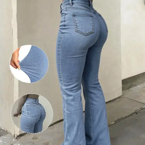 Elegant Stretchy Fitted Slim-Fit High-Waisted Flared Denim Jean Pants for Tall Women, Stylish Chic Solid-Color Trousers with a Versatile Look for All Seasons, Womenswear, Highrise Flare