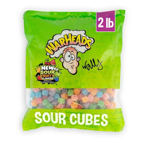 WARHEADS Cubes Bite-Sized Sour Snack - Chewy Candies with Sweet & Fruity Flavors (Orange, Watermelon, Blue Raspberry, Black Cherry, Strawberry) - 2 lb Bulk Variety Sour Candy Bag