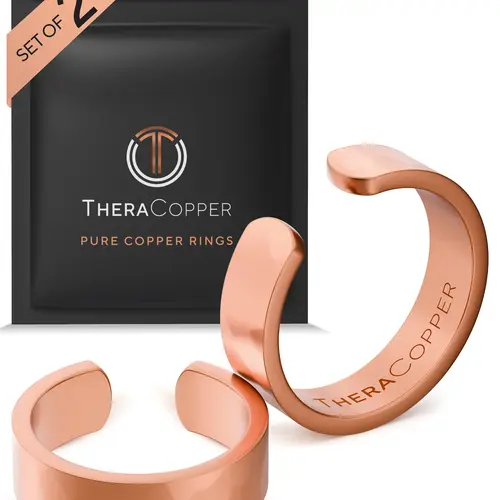 TheraCopper Pure Copper Rings for Women (2-Pack) — 100% Pure Copper Ring — Raw, Solid & Uncoated Authentic Handmade Open-End Adjustable Ayurvedic Jewelry Rings (6mm Hammered)
