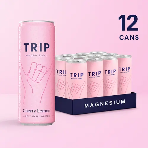 TRIP Cherry Lemon Sparkling Magnesium Drink — 120mg Magnesium, Lion's Mane, Chamomile & Lemon Balm, Non-Alcoholic, No Added Sugar, Vegan (12-Pack, 12oz)