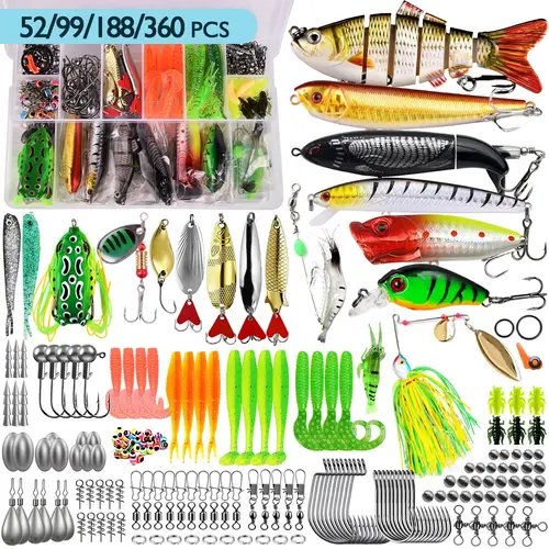 52/99/188/360-Piece Fishing Lure Set, Artificial Lures, Fishing Equipment, Fishing Gear Supplies, Outdoor Fishing Supplies, Assorted Spoon Lures and Soft Plastic Worms for Bass, Trout and Salmon, Complete Fishing Tackle Kit for Men