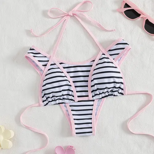 Women's Black & White Classic Horizontal Striped Halter Bikini Swimsuit Set with Pink Contrast Trim - Viral Beachwear for Insta-Worthy Photos, Swimsuit for Women, Horizontal Striped Bikini Sets