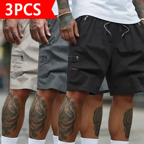 Men's 3-Pack Plain Cargo Shorts - Casual Drawstring Elastic Waist, Zipper Pockets, Quick Dry Lightweight Streetwear Clothes for Summer, Beach & Outdoor Activities (Black, Dark Gray, Light Gray Black Shorts), Mens Clothing, Gifts For Boyfriend, Loose, Lett