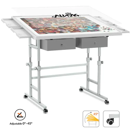 ALL4JIG 1000/1500 Piece Light-Weight Adjustable Tilting Plastic Jigsaw Puzzle Table for Adults and Mother’s Day Gift , 30"x22"/35"x26" Multi-Functional Puzzle Board with 4 Drawers & Protective Cover, 45-Degree Any-Angle Tilt