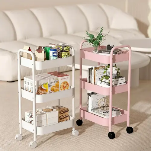 3 Tier Multi-Functional Rolling Craft Cart – Metal Utility Storage Cart with Wheels, Space-Saving Organizer for Nursery, Kitchen, Living Room, Bathroom, Classroom, Office, Dorm & Home Storage, Adjustable Organizer, Small Space Storage Solution pink