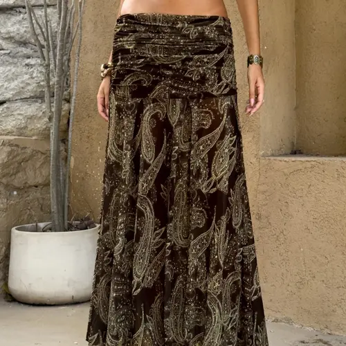 Boho Paisley Maxi Skirt High Waist Ruched Elastic Waist Flowing A Line Long Skirt Lightweight Soft Draped Vintage Ethnic Style Summer Vacation Beach Resort Casual Festival Streetwear Fashion  Women Skirt Bohemian Style Skirt