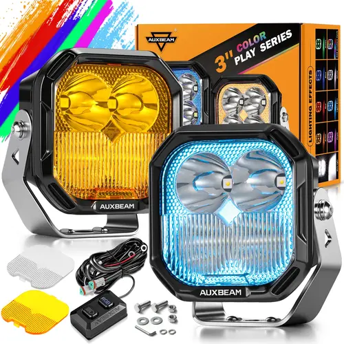 AUXBEAM 3-Inch Pod Shape RGBW LED Lights - 7 Dynamic Colors Gradient Cycle Backlight, 116W Spot-Flood Combo, 12000lm, Steel Screw Mount, White Amber Covers, Plug-and-Play, Light Blue, Off-Road Drive Accessories, Truck Add-Ons, Father's Day Gift toolupgrad
