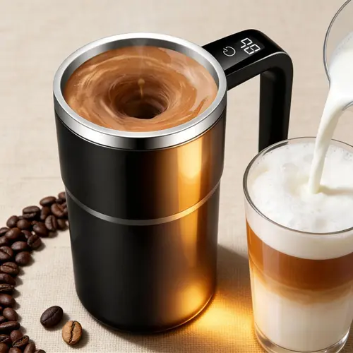 Solid Steel+ABS Battery Powered (USB Rechargeable) Intelligent Automatic Magnetic Stirring Coffee Mug - Temp Display, Portable Refillable, Multifunctional, Kitchenware/Drinkware for Home/Office, Gifts for Him, Coffee Lovers, Reusable On-The-Go Mug