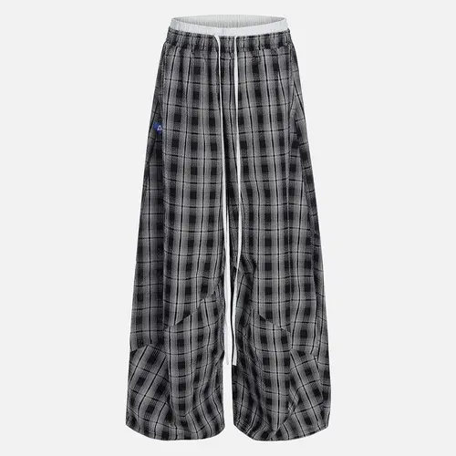 Aelfric Eden Double Waist Barrel Sweatpants Plaid Layered Wide-Leg Vintage Y2K Drawstring Unisex Loose Fit Streetwear Joggers,clothes for back to school,first day of school outfits