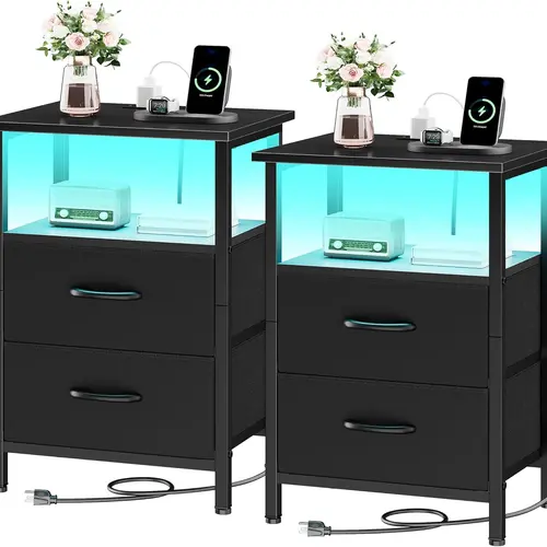 LED Side Table with Charging Station, LED Nightstand with USB Ports and Outlets, Featuring 2 PU-Coated Fabric Storage Drawers, Suitable for Living Rooms and Bedrooms, Black