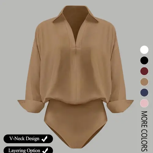Women's Basic Solid V-Neck Long-Sleeve Shirt-Style Jumpsuit, Casual Loose Chic Look in Elegant Lightweight Woven Fabric, Slim-Fit Design for All-Season Layering