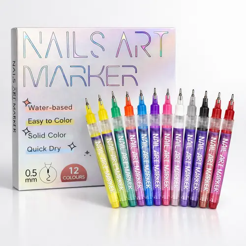 12 Vibrant Colors Water-Based Acrylic Nail Markers Set - Quick Dry Doodle Pens, Easy DIY Manicure Nail Care Tools for 3D Dot & Stitch Embroidery Painting, Home & Salon Use