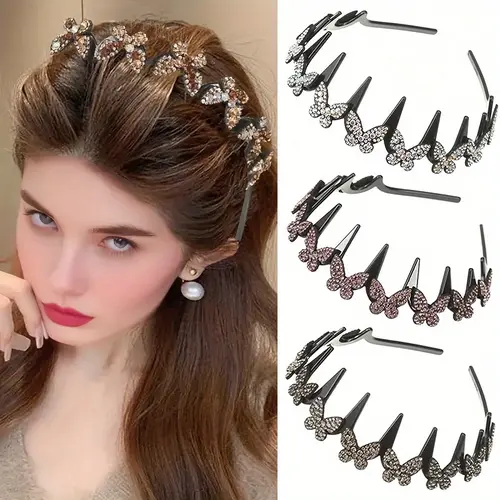 Women's Bedazzled Butterfly Crystal Headband - Wave Design, Non-Slip, Lightweight Durable Plastic Hair Accessory for Bridal Style Weddings & Everyday Elegance