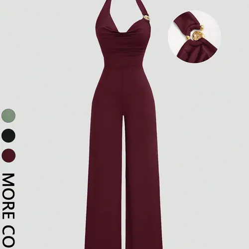 Women's Fashionable Backless Metal Decor Slim Fit Nightclub Jumpsuit, Casual Daily Commuting Outfit, halter，Summer