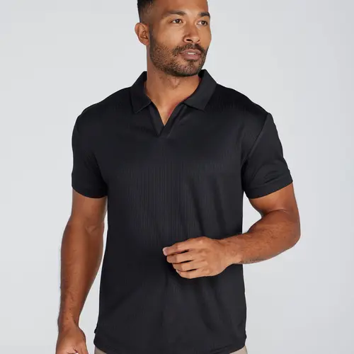 Ribbed Short Sleeve Open V Polo Top Shirts