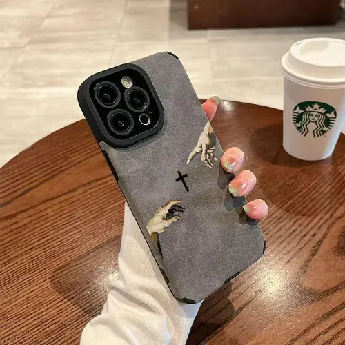 God's Hand pattern fine hole imitation fur phone case suitable for iPhone 17 Promax 17 Air 16 Plus 15 Pro 14 13 12 11 X XS Max anti drop phone case,Suitable for both men and women, Catholic-themed design, shockproof and drop-resistant.HM113