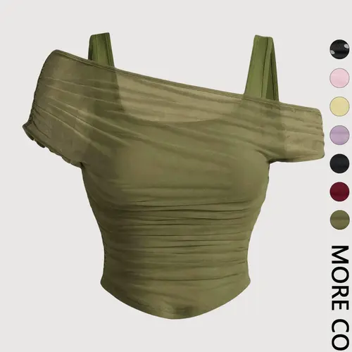 Women's Asymmetric Neckline Ruched Crop Top, Trendy Womenswear Mesh Top for Club, Date Night & Vacation