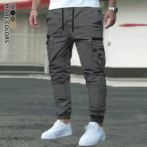 Men's Plain Cargo Pants - Menswear, Lightweight Polyester, Loose-Fit, Casual Style for Daily Wear, Multi-Pocket, Drawstring Waist, All-Season, Multipocket Utility Style