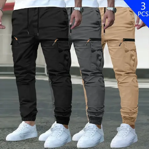Men's 3-Piece Casual Overalls, Stylish Solid Polyester Activewear, Multi-Pocket Elastic Athletic Sportswear, Non-Stretch Fabric with Zipper Details for Outdoor Activities & Commuting, Menswear Casual Pants, Plain