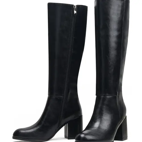 Women's High Heel Knee-High Boots, PU Leather Zipper Pointed Toe, Fall & Winter Fashion, Comfortable and Stylish, Perfect for Casual Wear, Block Heel Boots, Boot Heels, Boots With Zipper