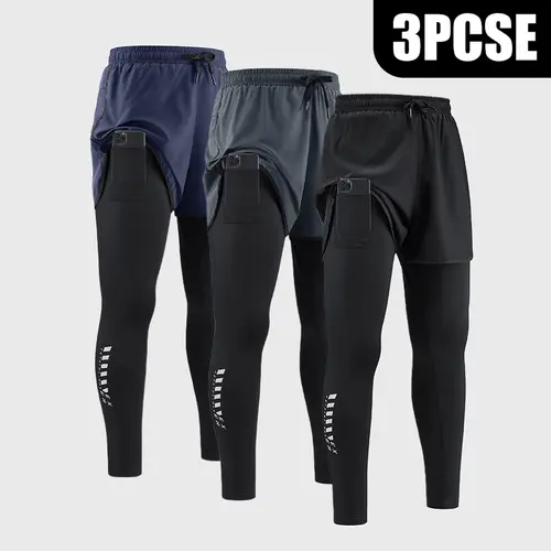 Men’s 2-in-1 running leggings set, quick-dry breathable compression pants with pockets and an elastic waistband, moisture-wicking, suitable for the gym, jogging, and various training activities.