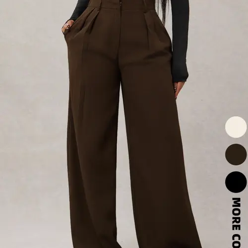 Women's Minimalist Fashion Comfortable Casual Comfy Stretchy High Waist Elastic Loose Fit Wide-Leg Solid Pants, Commuter & Casual Wear, Womenswear
