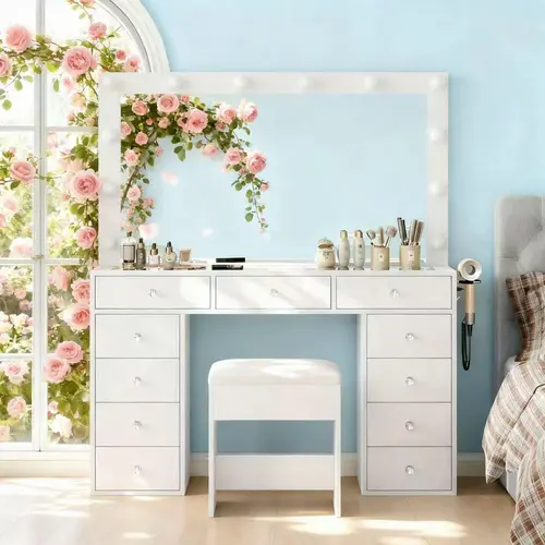 CollaredEagle Vanity Desk with Tempered Glass Topwith & Power Outlet, 11 Drawers Vanity Table with 3 RGB Drawers & Chair, Makeup Vanity with 12 LED Lights, Dressing Table for Bedroom,Dressing Room,dorm essentials,home decor