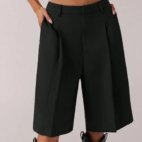 Women's Solid Color Fitted Basic Commuter Bermuda Shorts, Stylish Chic Business-Casual Knee-Length Bottoms