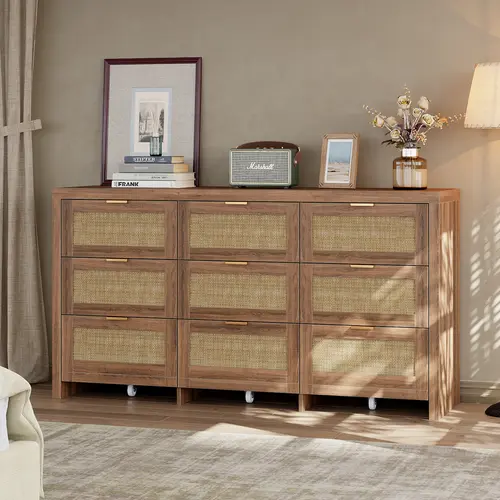 FUSOU 9 Drawers Dresser for Bedroom, Rattan Dresser with Wood Frame & Metal Handles, Chest of Drawers with Wheels, Dresser Closet Organizers and Storage for Living Room, Entryway, Walnut,dorm essentials,home decor