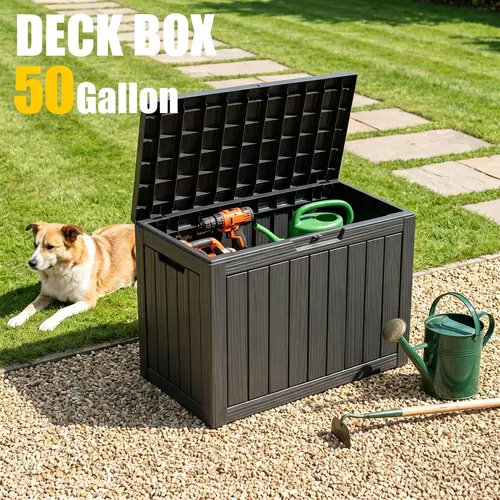 50-Gallon Plastic Outdoor Organizer - Multifunctional Storage Solution, Waterproof, UV-Resistant, Secure Yard Storage with Lockable Lid and Key Lock for Backyard Clutter Control
