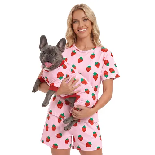 XPUDAC Matching Dog & Owner Pajamas Set for Women Short Sleeve Tee & Shorts,Owner and Pet Pajamas Are Sold Separately,Breathable Casual Loungewear Cute Strawberry Pattern Pet Outfit Petlovers Homewear Womenswear Nightwear sohochic