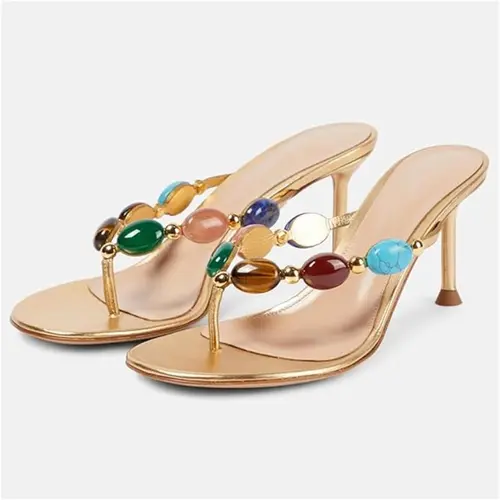 Women's Boho Colorful Rhinestone Embellishment Strappy Stiletto Heel Sandals - Square Open Toe, Multi Buckle Ankle Strap, Light Raffia Texture, Multi Gemstones, Basic, All Season, For Dates, Evening Out, Beach Vacation Footwear, Sandals Women, Party Wear
