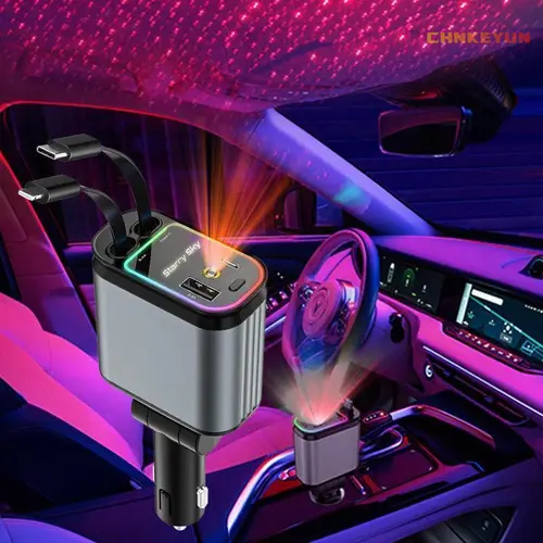 CHNKEYUN 4-in-1 Retractable USB Type-C Car Phone Charger Adapter - New Wired 66W Fast Charger, Starlight Roof Mount Access, Charging Cable, Car Accessories, 51.0-67.9W Daily Commute Solution, Compatible with iPhone 16/15/14/13/12, Aromatherapy Diffuser