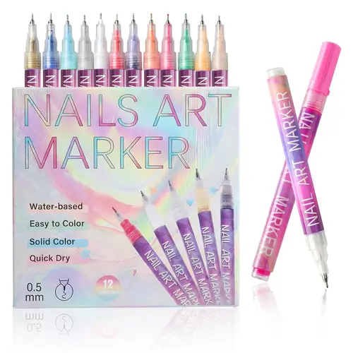 12-Color 0.5MM Waterproof Quick-Dry Acrylic Nail Art Markers Set, Decorative Manicure Tool for DIY Nails at Home & Manicure at Home Supplies