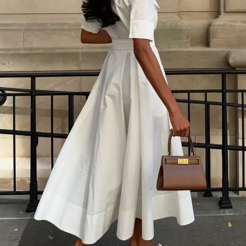 Simple Casual Lapel Short-Sleeve Belted Midi Dress, Slim-Fitting Plain Design, Women's Fashionable Summer Wear, Elegant Daywear for Women