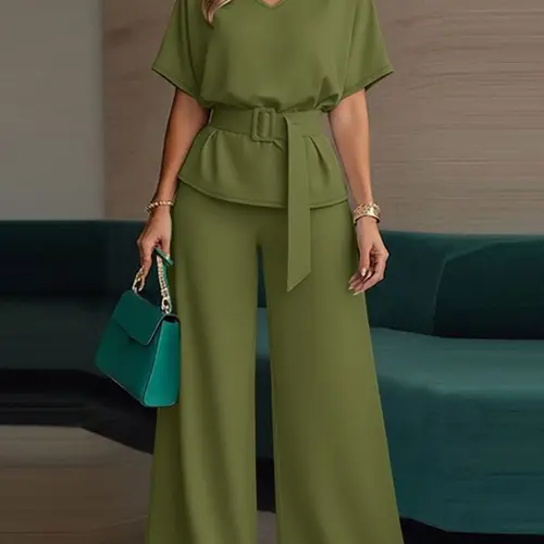 Women's Casual Minimalist Aesthetics Solid Color Womenswear Outfit Set, Short Sleeve V-Neck Hoodie with High Waist Belted Pants Design, Perfect for Daily, Travel, Commuting, Blouse, Clothes