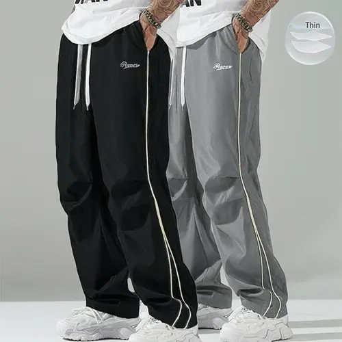 Men's 2-Pack Baggy Sweatpants, Long Length Polyester Athletic Trackpants with Golden Side Stripes for Gym & Casual Wear, Sporty Chic, All Seasons