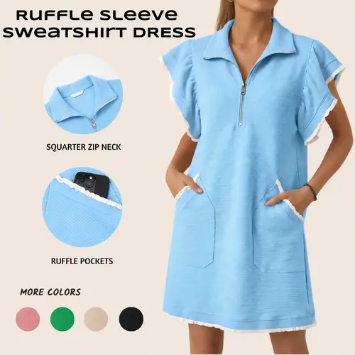 Imily Bela Womens Ruffle Sleeve Sweatshirt Dress Summer Oversized Zipper V Neck Mini Dresses Casual Vacation Outfits summervibes