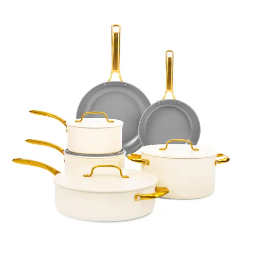 Chef Power Stylish 10-Piece Ceramic Nonstick Cookware Set - Healthy, Chemical-Safe, Non-Toxic, Induction Compatible, Golden Kitchen Supplies for Weeknight Dinners (TikTok Shop Spring Glow Up, Summer Vibes)